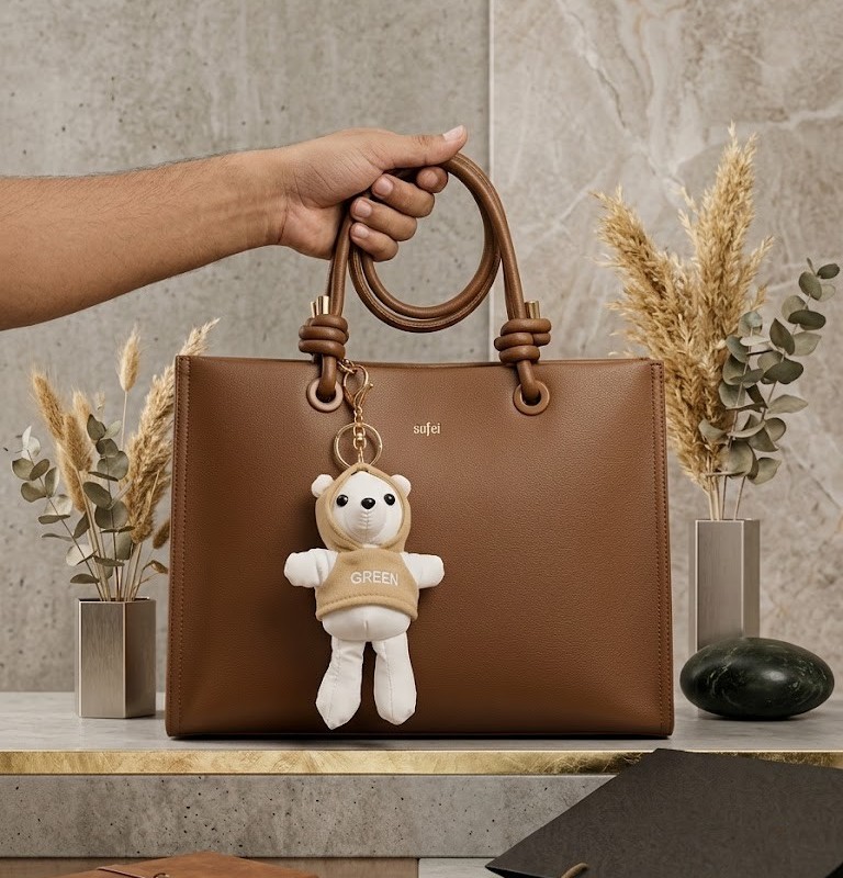 Sufei premium classic brown leather tote bag with a cute white teddy bear charm and elegant knotted handle design.
