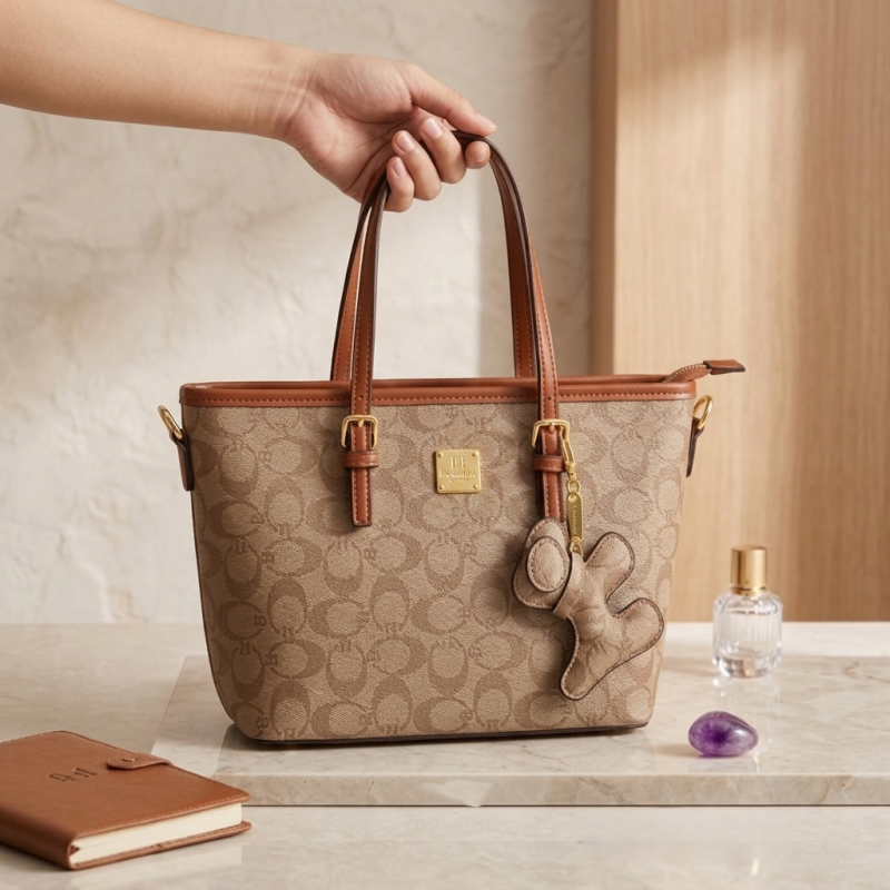 premium embossed leather handbag with a luxury golden chain braided handle and iconic lion emblem hardware.