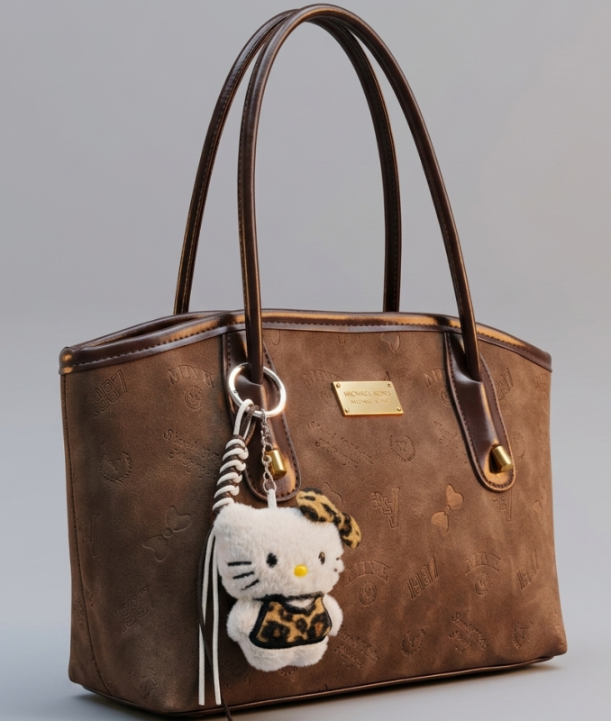 A brown suede shoulder handbag featuring embossed patterns, dark brown leather straps, a gold logo plate, and a plush Hello Kitty keychain with a leopard-print bow and outfit.