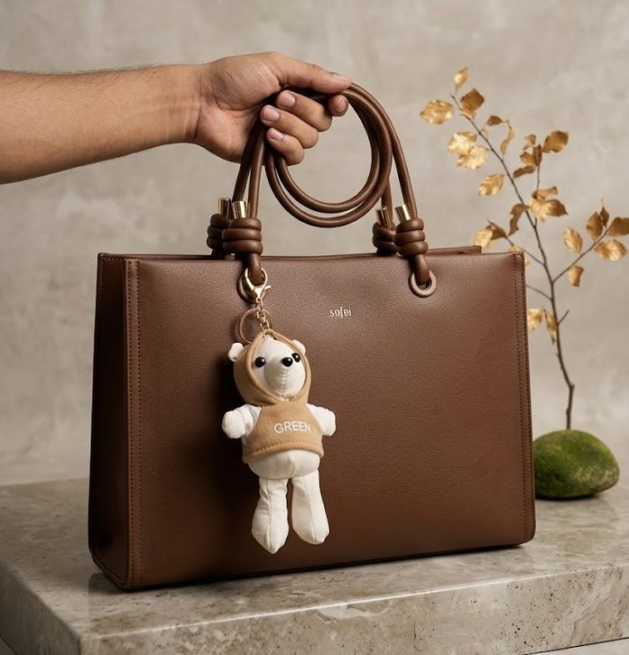 Sufei premium classic brown leather tote bag with a cute white teddy bear charm and elegant knotted handle design.